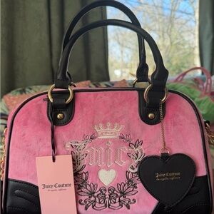 Juicy Couture Pink Velvet Satchel with Black Trim & Heart Charm